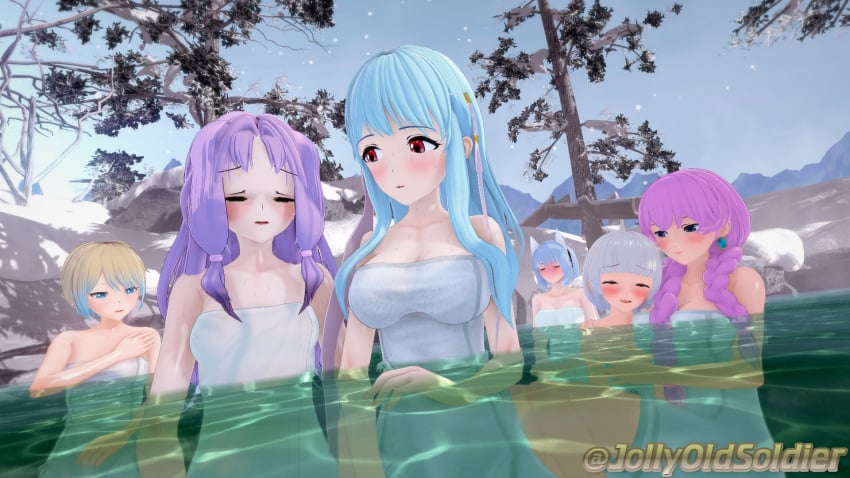 3d 6+girls 6girls alternate_hairstyle arm_around_shoulders bangs bare_arms bare_shoulders bath blonde_hair blue_eyes blue_hair blue_nails blush braid breasts closed_eyes collarbone earrings female female_only fire_emblem fire_emblem:_the_blazing_blade fire_emblem_heroes fjorm_(fire_emblem) florina_(fire_emblem) grey_hair group_bathing gunnthra_(fire_emblem) heavy_blush hug jollyoldsoldier large_breasts light_blue_hair long_hair medium_breasts mountain multicolored_hair multiple_girls nail_polish naked_towel nifl_(fire_emblem) ninian_(fire_emblem) nintendo onsen open_mouth orange_nails outdoors partially_submerged pink_hair purple_hair red_eyes short_hair shoulders small_breasts smile snow towel tree twin_braids washing wet winter ylgr_(fire_emblem)