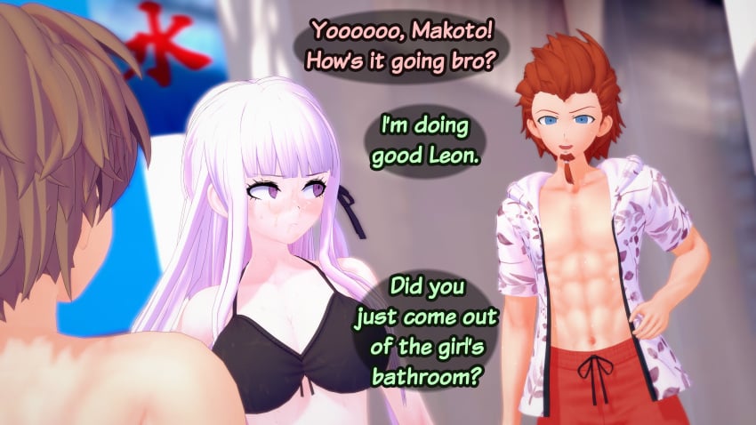 1girls 2boys 3d bikini bikini_top cheating cheating_girlfriend cum_on_face danganronpa english_text female human kirigiri_kyouko koikatsu kuwata_leon male multiple_boys naegi_makoto netorare ntr pompadorkz text