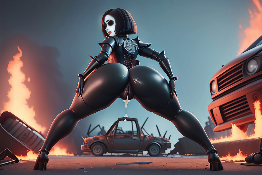 1girls ai_generated ass ass_focus background big_ass big_butt black_clothing black_hair bob_cut butt_focus cameltoe dollface_(twisted_metal) female from_behind from_below hand_on_butt latex latex_suit mask masked masked_female playstation pussy pussy_juice self_upload short_hair spread_legs tagme twisted_metal twisted_metal:_black wide_hips