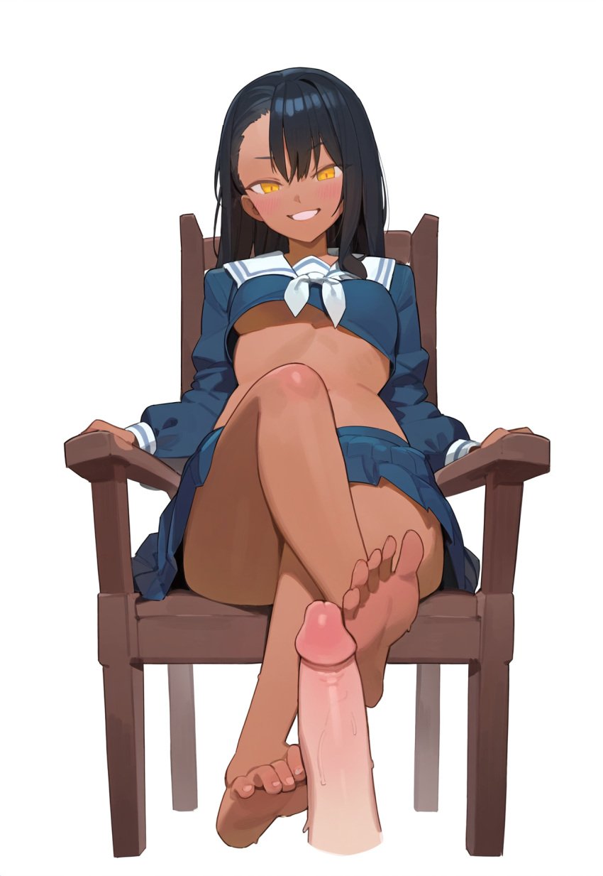 1boy 1girls barefoot black_hair blue_shirt blue_skirt breasts chair crossed_legs erection feet female footjob hayase_nagatoro highres human lividy long_hair long_sleeves looking_at_viewer male male_pov medium_breasts on_chair penis please_don't_bully_me,_nagatoro pov school_uniform shirt simple_background sitting skirt smile soles solo_focus tan tan-skinned_female tan_skinned tanned thighs toenails toes uncensored underboob white_background yellow_eyes