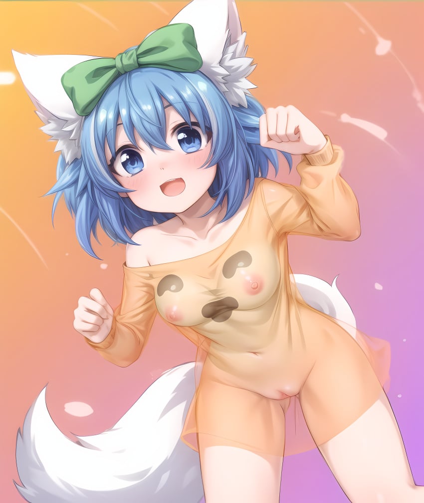 absurd_res ai_generated animal_ears blue_eyes breasts cat_ears female fur furry ghostlydiffusion hi_res highres nipples see-through see-through_clothing see-through_dress short_hair solo virtual_youtuber vtuber white_body white_fur wolf_ears wolf_girl wolfychu youtube youtuber