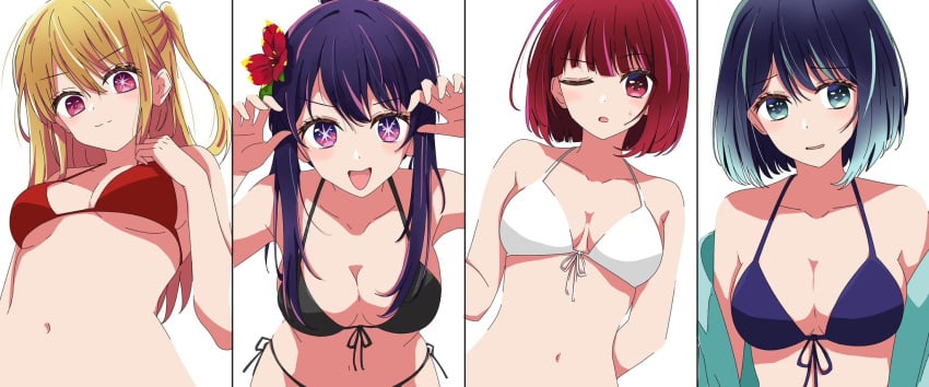 4girls ;o alternate_costume arima_kana bikini black_bikini black_hair blonde_hair blush breasts cleavage collarbone column_lineup commentary_request flower front-tie_bikini_top front-tie_top gradient_hair green_hair hair_flower hair_ornament halterneck highres hoshino_ai hoshino_ruby kurokawa_akane kusana_(kusana47454281) large_breasts looking_at_viewer medium_breasts mismatched_pupils mother_and_daughter multicolored_hair multiple_girls navel one_eye_closed one_side_up oshi_no_ko paw_pose purple_hair red_bikini red_hair short_hair side-tie_bikini_bottom sidelocks simple_background star-shaped_pupils star_(symbol) stomach sweatdrop swimsuit symbol-shaped_pupils upper_body white_background white_bikini