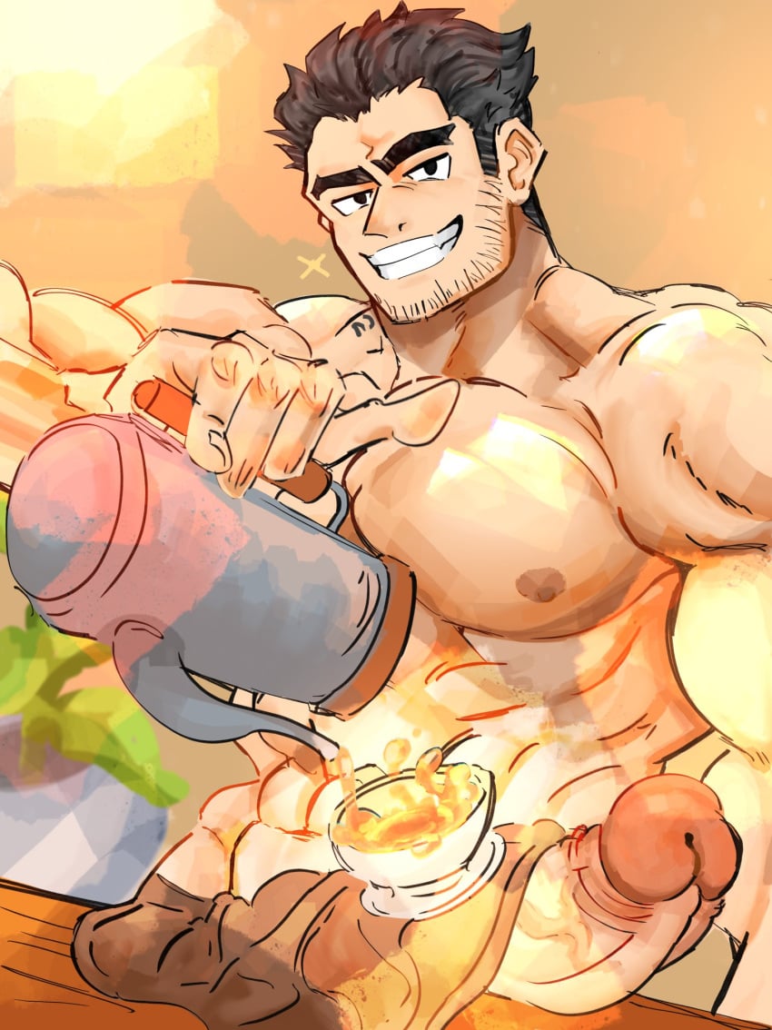 1boy abs apron bara barista beanbagdump beard_stubble black_hair brown_apron bulge counter cup erection erection_under_clothes girthy_penis grin highres holding holding_teapot huge_eyebrows large_areolae large_pectorals lucas_lee male_focus male_only muscular muscular_male naked_apron nipples object_on_bulge pectorals penis pouring scott_pilgrim scott_pilgrim_takes_off short_hair smile solo sparkle teacup teapot topless_male uncensored