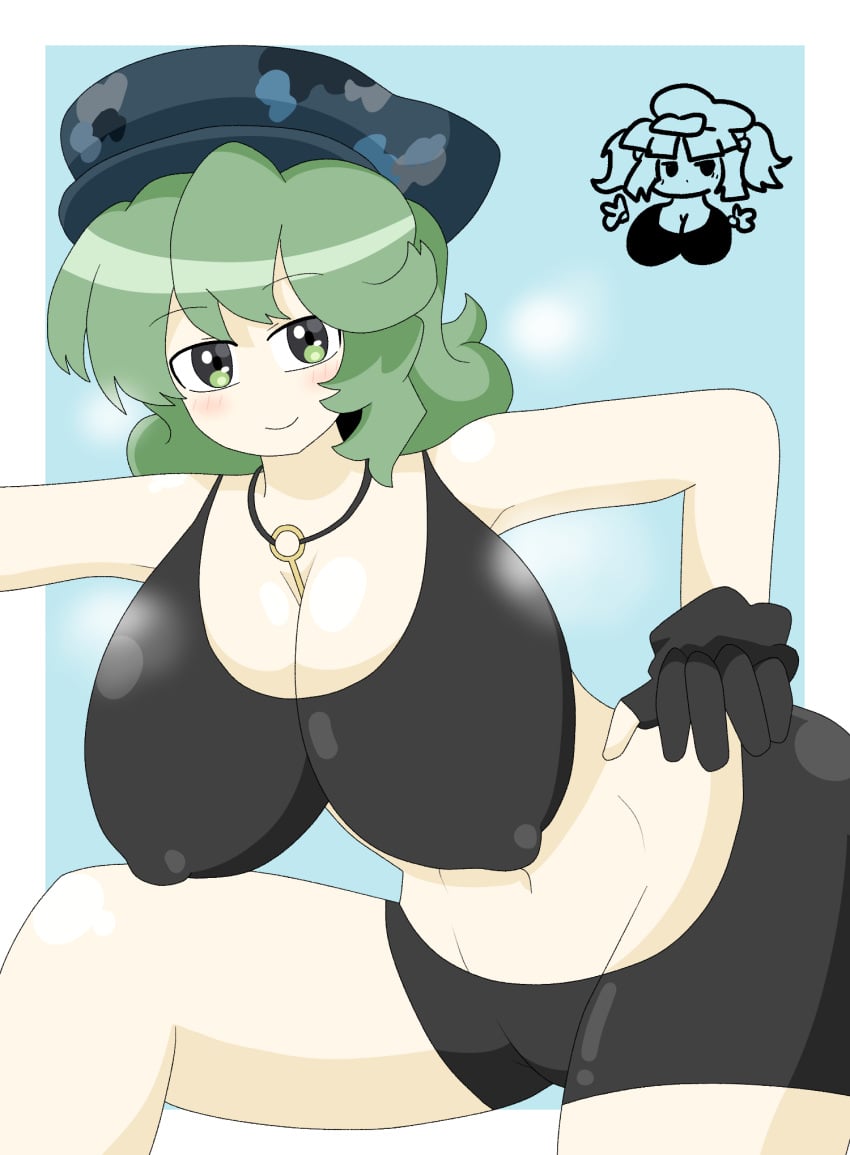 2girls big_breasts blue_background breasts cleavage green_eyes green_hair hand_on_hip hat huge_breasts light-skinned_female multiple_girls nipple_bulge nitori_kawashiro portrait shorts sodawee takane_yamashiro tank_top thick_thighs thighs touhou white_fur