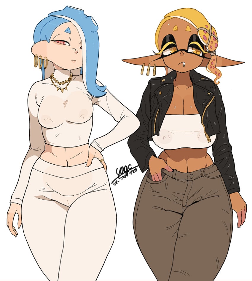 2girls blue_hair breast_size_difference breasts casual_clothes female frye_(splatoon) hair_over_one_eye hips inkling large_breasts medium_breasts medium_hair midriff nintendo octoling red_eyes shiver_(splatoon) short_hair splatoon splatoon_3 tentacle_hair thick_thighs thighs wide_hips yellow_hair yuta_agc