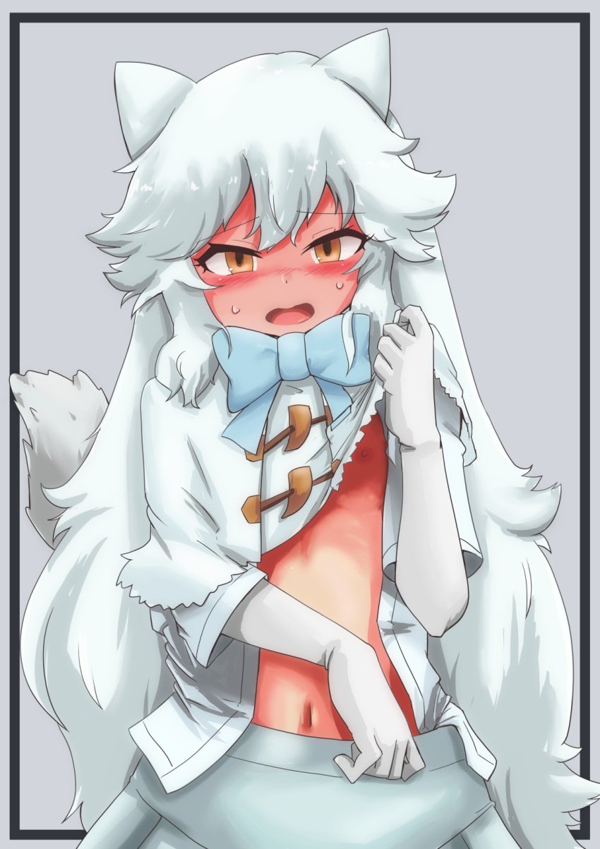 1girls arctic_fox_(kemono_friends) areola artist_request flat_chest fox_ears fox_girl kemono_friends shirt_lift solo tagme white_hair