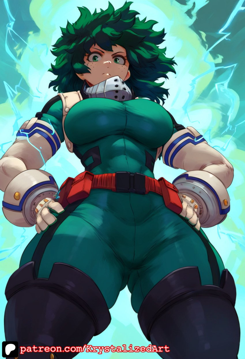 1girls action_pose ai_generated angry belt belt_buckle collar female female_deku female_only freckles freckles_on_face from_below frown fully_clothed gender_transformation genderswap_(mtf) gloves green_clothing green_eyes green_hair hands_on_hips izuku_midoriya krystalizedart large_breasts lightning long_hair looking_at_viewer looking_down magic messy_hair my_hero_academia rule_63 solo solo_female solo_focus superheroine thick_ass thick_thighs thin_waist tight_clothing