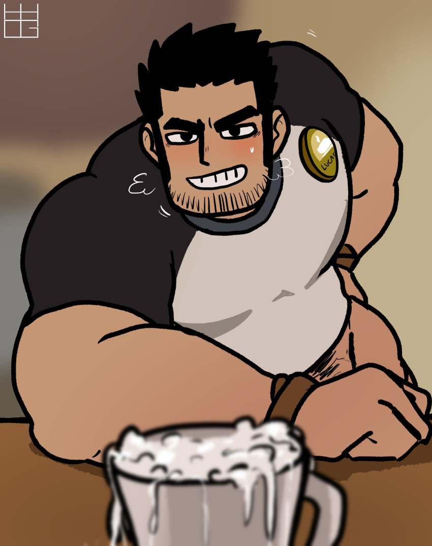 1boy absurdres arm_rest bara beard_stubble black_hair blush bottomless breath coffee_cup cum cum_in_container cum_in_cup cup derivative_work disposable_cup hhog highres huge_eyebrows large_pectorals leaning_forward looking_at_viewer lucas_lee male_focus male_only male_pubic_hair muscular muscular_male on_table pectorals pubic_hair pubic_hair_peek scott_pilgrim scott_pilgrim_takes_off screencap_redraw seductive_smile shirt short_hair short_sleeves smile solo t-shirt table tight_clothes tight_shirt