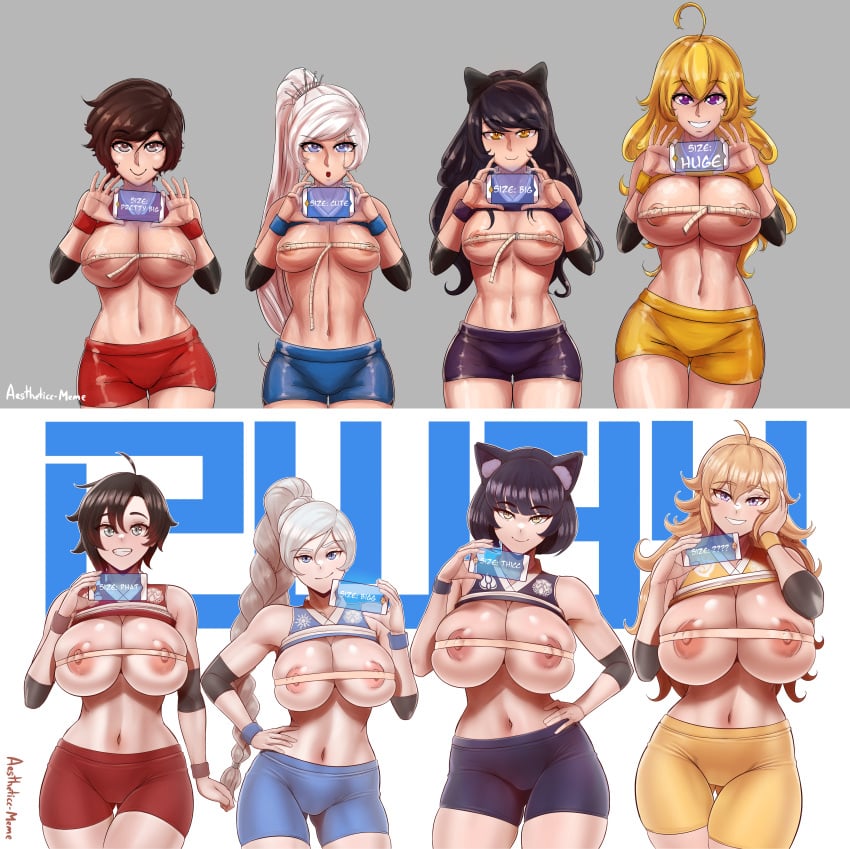 2koma 4girls aestheticc-meme age_progression art_progression barely_covered big_breasts blake_belladonna breasts clothing female female_focus female_only full_color gym_uniform huge_breasts large_breasts measuring measuring_breasts measuring_tape multiple_girls rooster_teeth ruby_rose rwby shorts small_breasts sportswear take_your_pick team_rwby teen teenage_girl teenager text weiss_schnee white_hair yang_xiao_long young