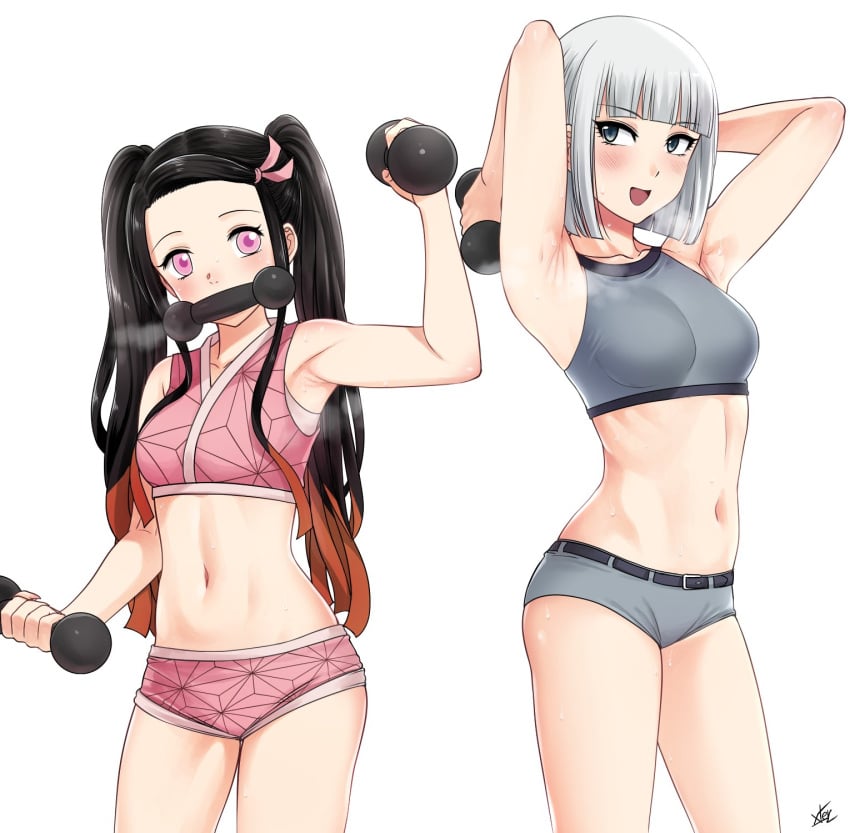 2girls armpits arms_up black_hair blush breasts crop_top crossover demon_slayer dumbbell_nan_kilo_moteru? female female_only gina_boyd grey_eyes gym highres kamado_nezuko kimetsu_no_yaiba medium_breasts multiple_girls navel nezuko_kamado pink_eyes short_hair shorts silver_hair smile sports_bra sweat xtermination