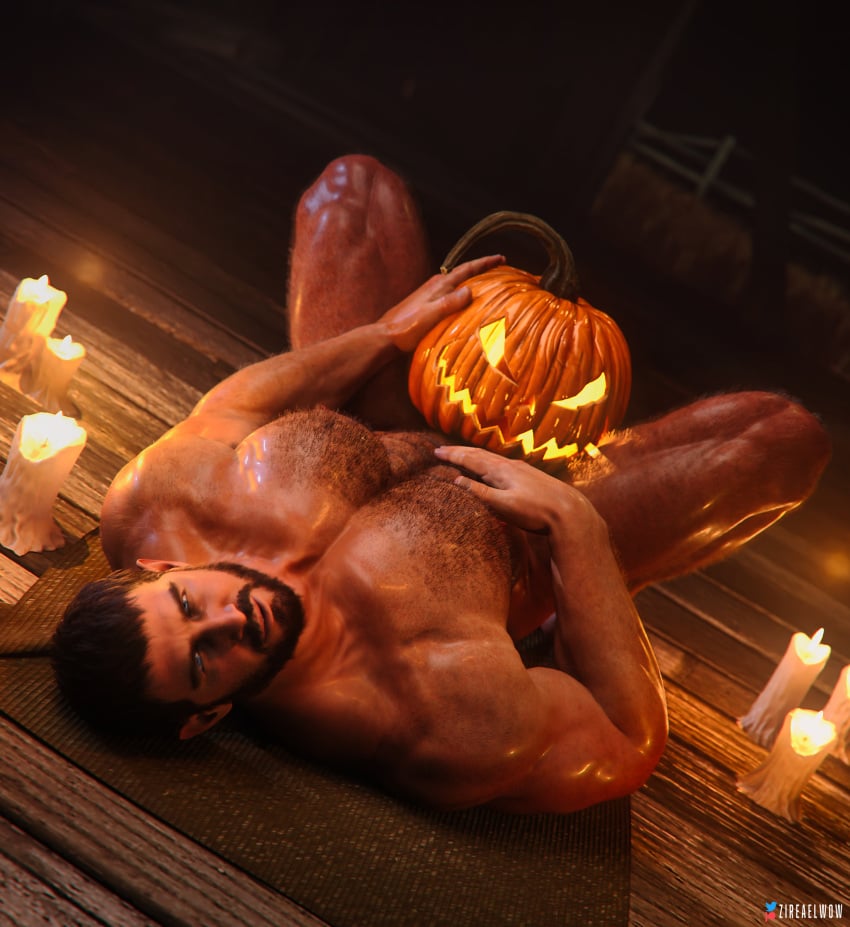 1boy 2023 3d bara bara_tits barazoku beard capcom chris_redfield completely_nude erection facial_hair fucking_pumpkin gay hairy hairy_arms hairy_chest hairy_male halloween holidays leg_hair looking_at_viewer male male_focus male_nipples male_only male_pubic_hair manly muscular_male nipples nude penis pumpkin_masturbation resident_evil resident_evil_8:_village solo solo_male yaoi