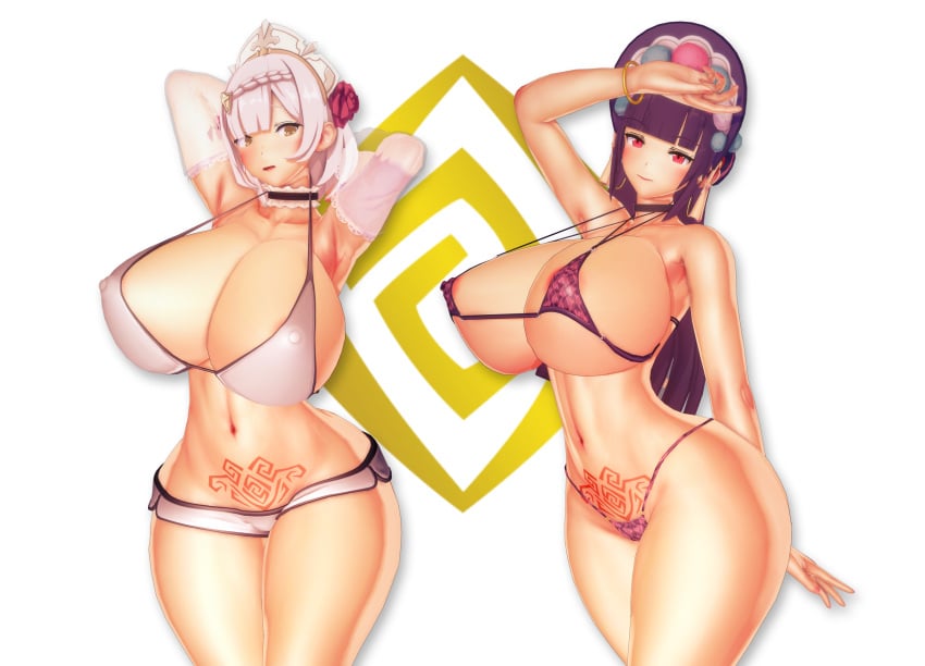 2girls areolae arms_behind_head ass big_ass big_breasts big_thighs bikini breasts busty cleavage female female_only genshin_impact gigantic_breasts huge_ass huge_breasts huge_thighs koikatsu large_ass large_breasts large_thighs massive_breasts micro_bikini navel noelle_(genshin_impact) pubic_hair pubic_tattoo swimsuit taf4mad tattoo thick_thighs thighs voluptuous yun_jin_(genshin_impact)