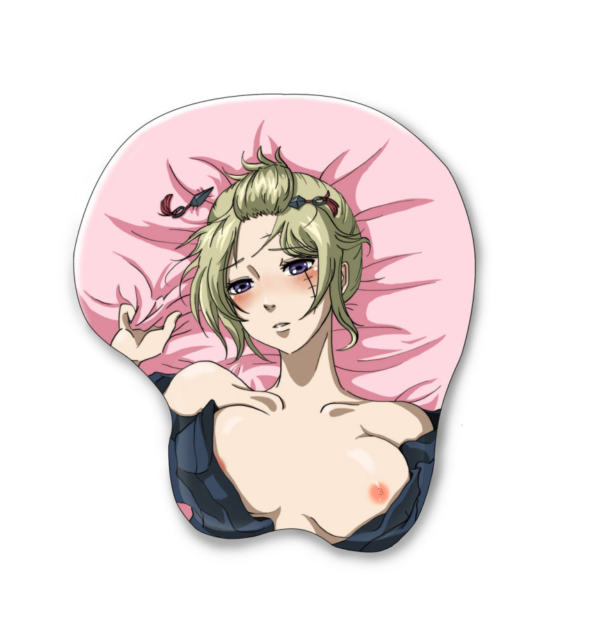 1girls bed blonde_hair blush boob_mousepad breasts gintama highres japanese_clothes kimono mousepad nipples oppai_mouse_pad pointy_chin scar tsukuyo