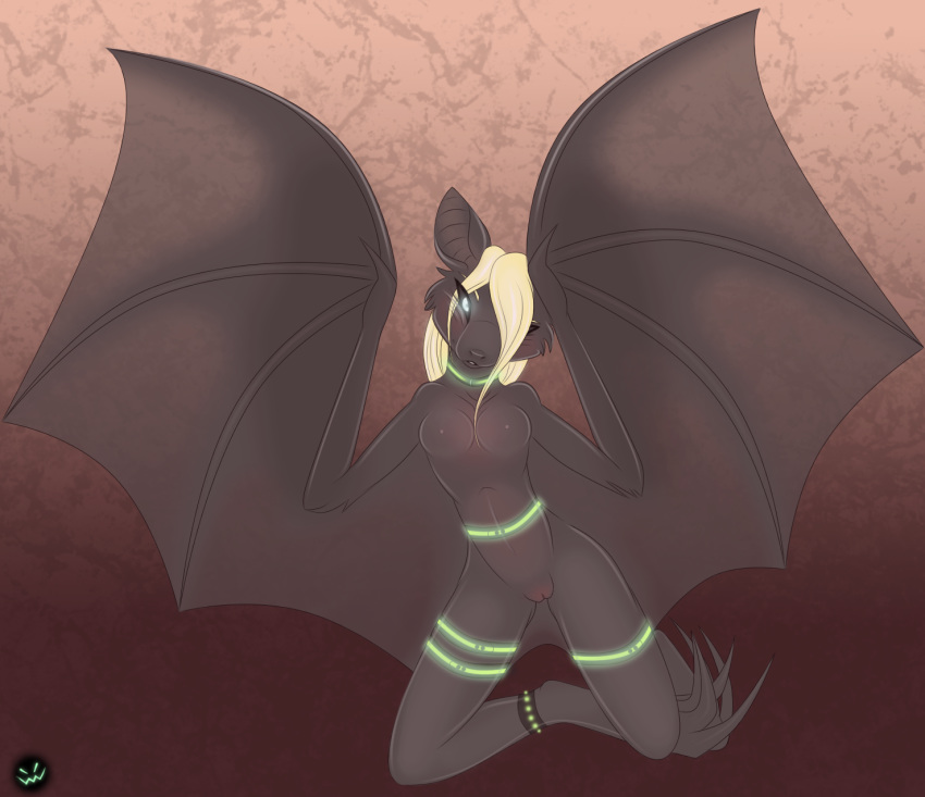 anthro bat breasts chillswitch female glowing_eyes hair_over_eyes looking_at_viewer nude pussy solo wings