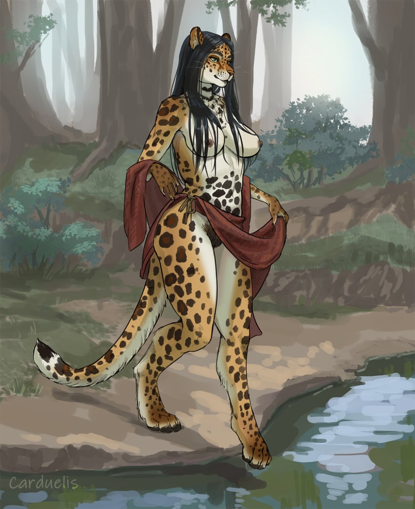 anthro black_hair breasts carduelis felid female forest fur hair hi_res leopard mammal mostly_nude nipplers outside pantherine plant pubes river solo spots spotted_body spotted_fur standing tree water whiskers yellow_body yellow_fur