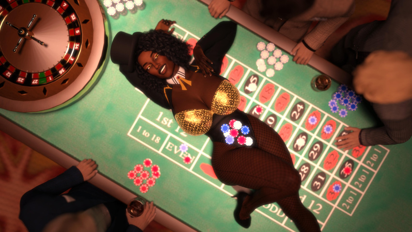 1girls 3d big_breasts casino dark-skinned_female fishnets high_heels imminent_sex light-skinned_male lying oc phantaseye queen_of_hearts top_hat