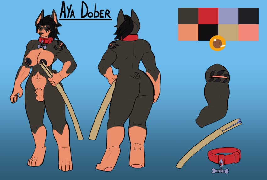 anthro ass aya_dober(character) balls bear213 canid canine canis collar dobermann domestic_dog genitals gynomorph hi_res intersex mammal melee_weapon model_sheet muscular penis pinscher sword weapon