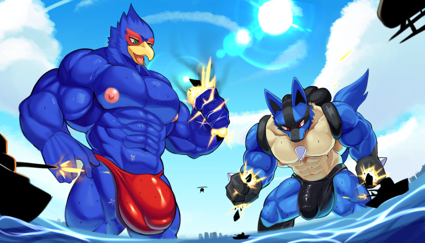 abs absurd_res aircraft anthro avian beak blue_body bulge canid canine clothing destruction detailed_bulge duo falco_lombardi generation_4_pokemon genital_outline helicopter hi_res lucario macro male mammal manyu muscular muscular_anthro muscular_male nintendo nipples non-mammal_nipples pecs pokemon pokemon_(species) sea ship speedo spines star_fox swimwear tail vehicle water watercraft