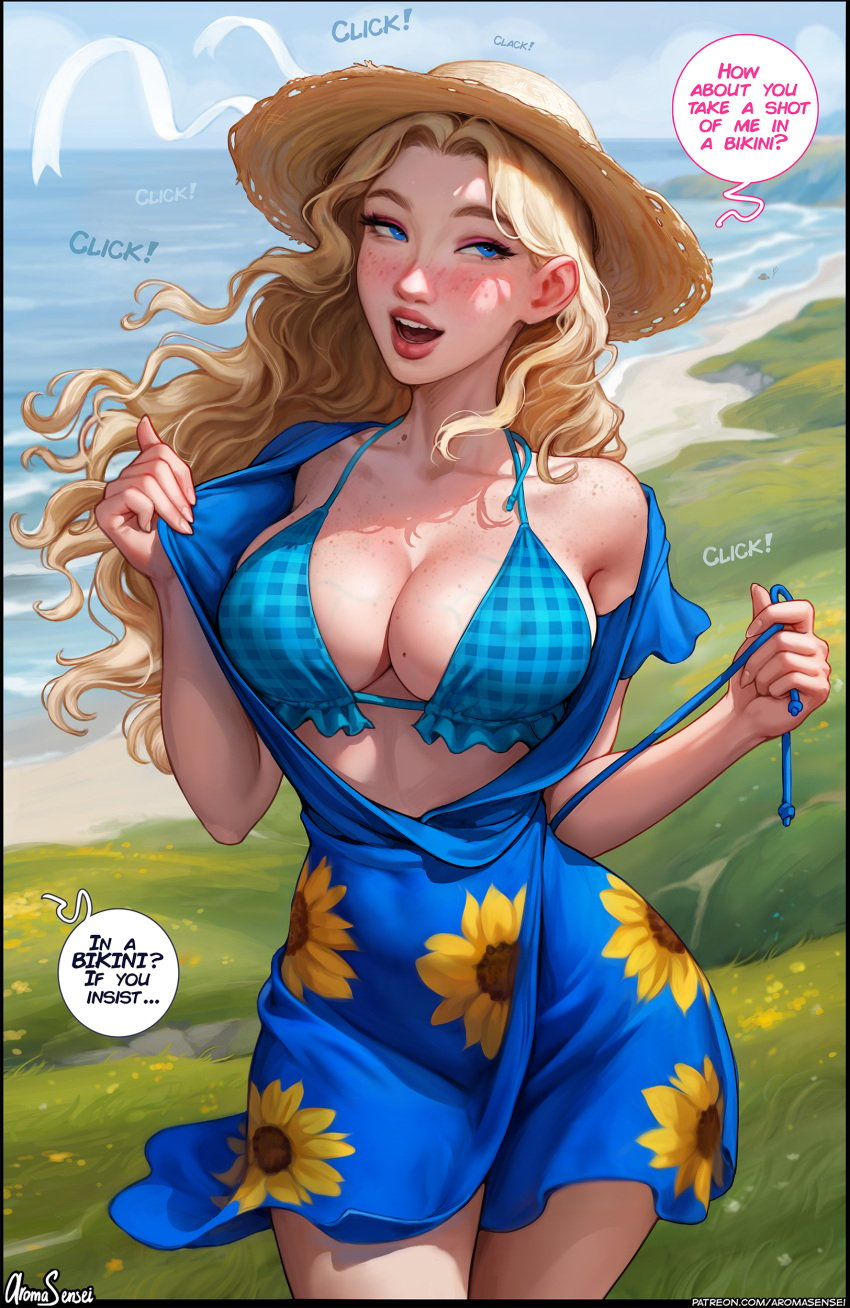 1girls ai_generated aroma_sensei big_ass big_breasts bikini bikini_under_clothes blonde_hair blue_eyes breasts busty cleavage curvaceous curvy curvy_figure cute cute_face digital_media_(artwork) dress english_text eyebrows eyelashes eyes female female_focus fit fit_female full_lips hair haley_(stardew_valley) hat hips hourglass_figure human large_breasts legs light-skinned_female light_skin lips long_hair mature mature_female outdoors slim slim_waist solo stardew_valley taking_picture thick thick_legs thick_lips thick_thighs thighs top_heavy undressing upper_body voluptuous waist wide_hips