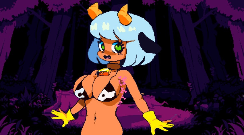 1girls animated areolae bell_collar bikini_top bouncing_breasts breasts color colored cow_bell_collar cow_print cow_print_bikini cowbell dark-skinned_female dark_skin edit edited female female_only flipwitch_:_forbidden_sex_hex game_cg gloves green_eyes horns nipples open_mouth pixel_animation pixel_art solo solo_female sprite tagme third-party_edit topwear yellow_gloves