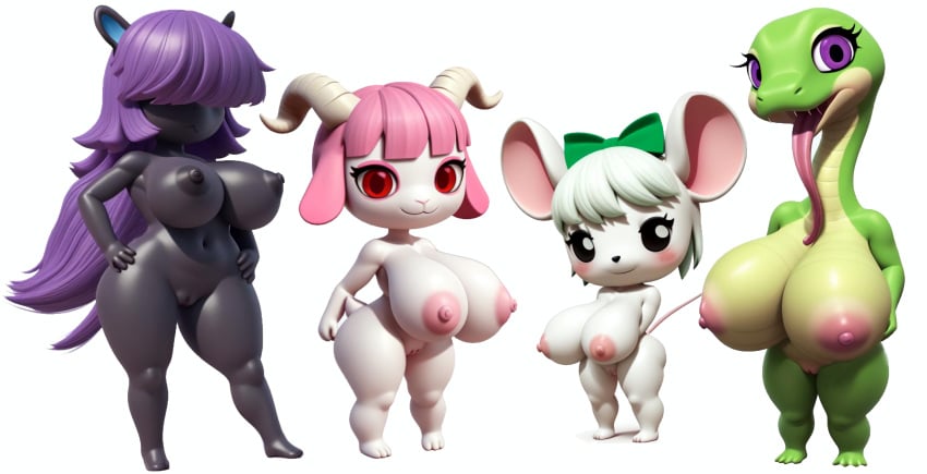 3d 3d_(artwork) 4girls ai_generated animal_ears animal_tail anthro big_breasts black_body black_eyes blush breasts chibi creamballz cute female female_only floppy_ears full_body fur furry goat goat_ears goat_girl goat_horns goat_tail hair hair_over_eyes hairbow horns horse horse_ears horse_tail horsegirl huge_breasts large_breasts long_hair long_neck looking_at_viewer medium_hair mouse mouse_ears mouse_girl mouse_tail multiple_girls nude nude_anthro nude_female original pink_hair purple_eyes purple_hair pussy red_eyes scalie short_hair shortstack smiling snake snake_girl tail tall_female tall_girl thick_thighs thighs white_background white_body wide_hips