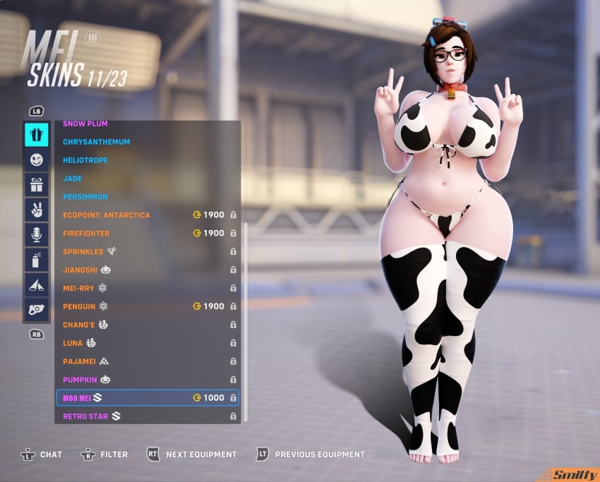 1girls 3d 3d_(artwork) asian_female belly_button big_breasts big_hips big_thighs bikini blurry_background brown_hair busty cow_bell cow_bell_collar cow_bikini cow_legwear cow_print cowkini fake_screenshot female_only front_view game_screen glasses hair_accessory hand_gesture human human_only legwear looking_at_viewer mei_(overwatch) mei_ling_zhou midriff overwatch overwatch_2 peace_sign short_hair smitty34 solo solo_female standing swimsuit text thighhighs toes v_sign