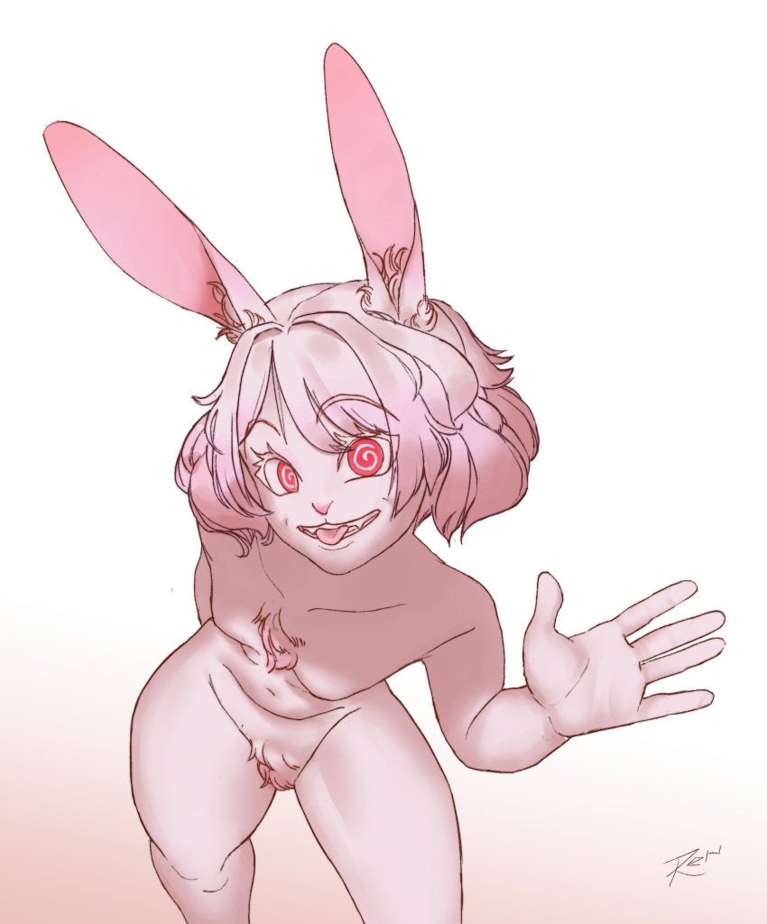 2023 5_fingers anthro artist_name biped breasts digital_media_(artwork) female female_anthro fingers flat_chested fur genitals gesture hair hi_res ima_(imabunbun) lagomorph leaning leaning_forward leporid looking_at_viewer mammal nude pink_hair pussy rabbit rabbit_ears red_eyes ruttinren simple_background smile smiling_at_viewer solo spiral_pupils standing teeth tongue tongue_out waving waving_at_viewer white_body white_fur