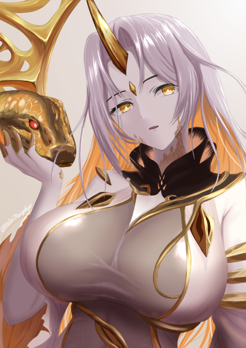 1girls animal bodysuit breasts female female female_only fire_emblem fire_emblem_heroes forehead_jewel giant_snake gold_horns gold_trim grey_bodysuit gullveig_(fire_emblem) highres horns large_breasts matoimangekyo nintendo oversized_animal pale_skin single_horn snake snake_hair white_hair yellow_eyes yellow_horns