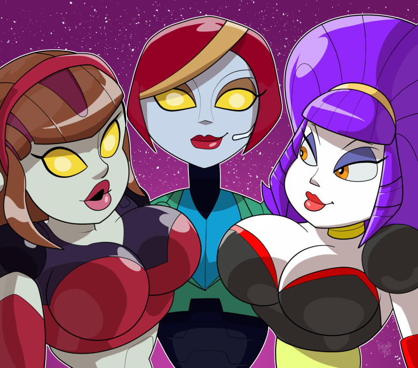 3girls atomictiki big_breasts blue_hair breasts brown_hair cleavage courtney_gears eyelashes eyeshadow female female_only hairband humanoid juanita_alvaro_(ratchet_and_clank) lipstick multiple_girls orange_eyes pink_lips pink_lipstick ratchet_and_clank red_hair red_lips red_lipstick robot robot_girl robot_humanoid sexy_robot_(ratchet_and_clank) smile smiling tied_hair yellow_eyes