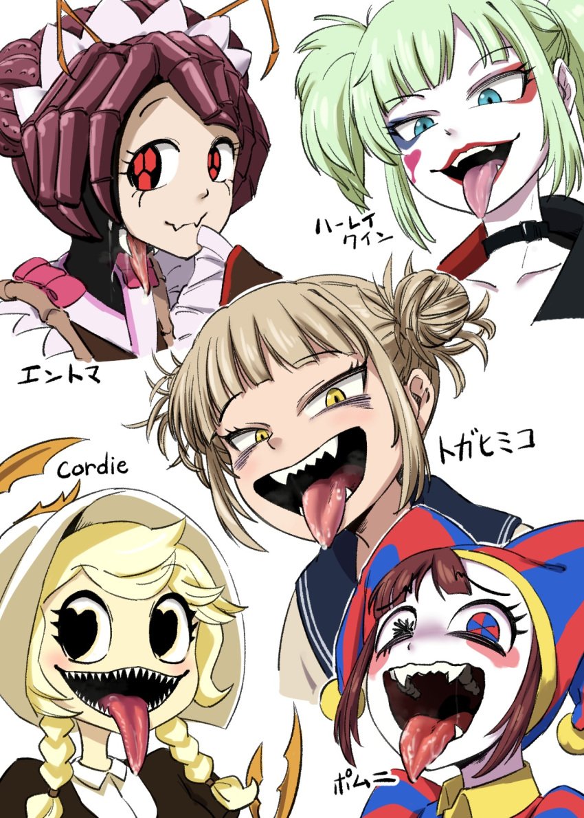 4girls 4shi arthropod arthropod_humanoid blue_eyes cliffside cordie dc drooling entoma_vasilissa_zeta female female_only glitch_productions harley_quinn harley_quinn_(suicide_squad_isekai) heart-shaped_pupils himiko_toga jester lipstick looking_at_viewer makeup mawshot mouth_fetish mouth_focus my_hero_academia open_mouth overlord_(maruyama) pomni_(the_amazing_digital_circus) red_eyes red_lipstick saliva school_uniform sharp_teeth suicide_squad_isekai the_amazing_digital_circus toga_himiko tongue tongue_out yellow_eyes