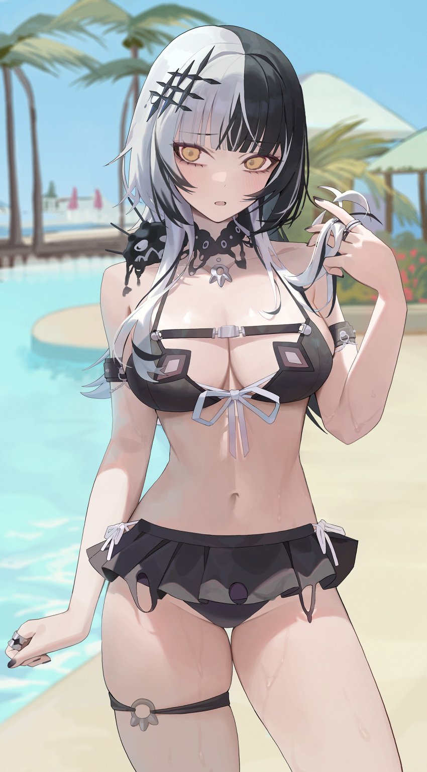 1girls absurdres arm_strap bare_shoulders bikini bikini_bottom bikini_top black_bikini black_bikini_bottom black_bikini_top black_choker black_hair black_nails breasts choker cleavage collarbone grey_hair hair_ornament highres hololive hololive_english hololive_english_-advent- lace lace_choker large_breasts long_hair looking_at_viewer lser116 multicolored_hair navel o-ring o-ring_thigh_strap open_mouth outdoors shiori_novella skindentation smile solo split-color_hair swimsuit thigh_strap thighs two-tone_hair virtual_youtuber vtuber yellow_eyes yorick_(shiori_novella)