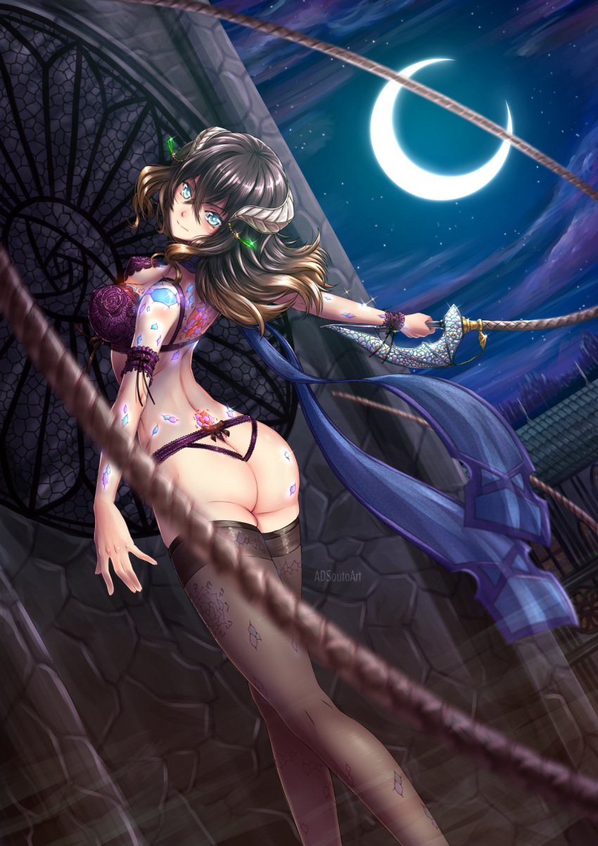 adsouto ass ass_cutout back_tattoo black_hair bloodstained:_ritual_of_the_night blue_eyes body_jewelry body_markings breasts butt_crack clothing_cutout crescent_moon crystal female glowing hair_between_eyes highres horns jewelry large_breasts lingerie miriam_(bloodstained) moon night scarf shiny_skin sideboob solo tattoo thighhighs thong tramp_stamp underwear underwear_only whip