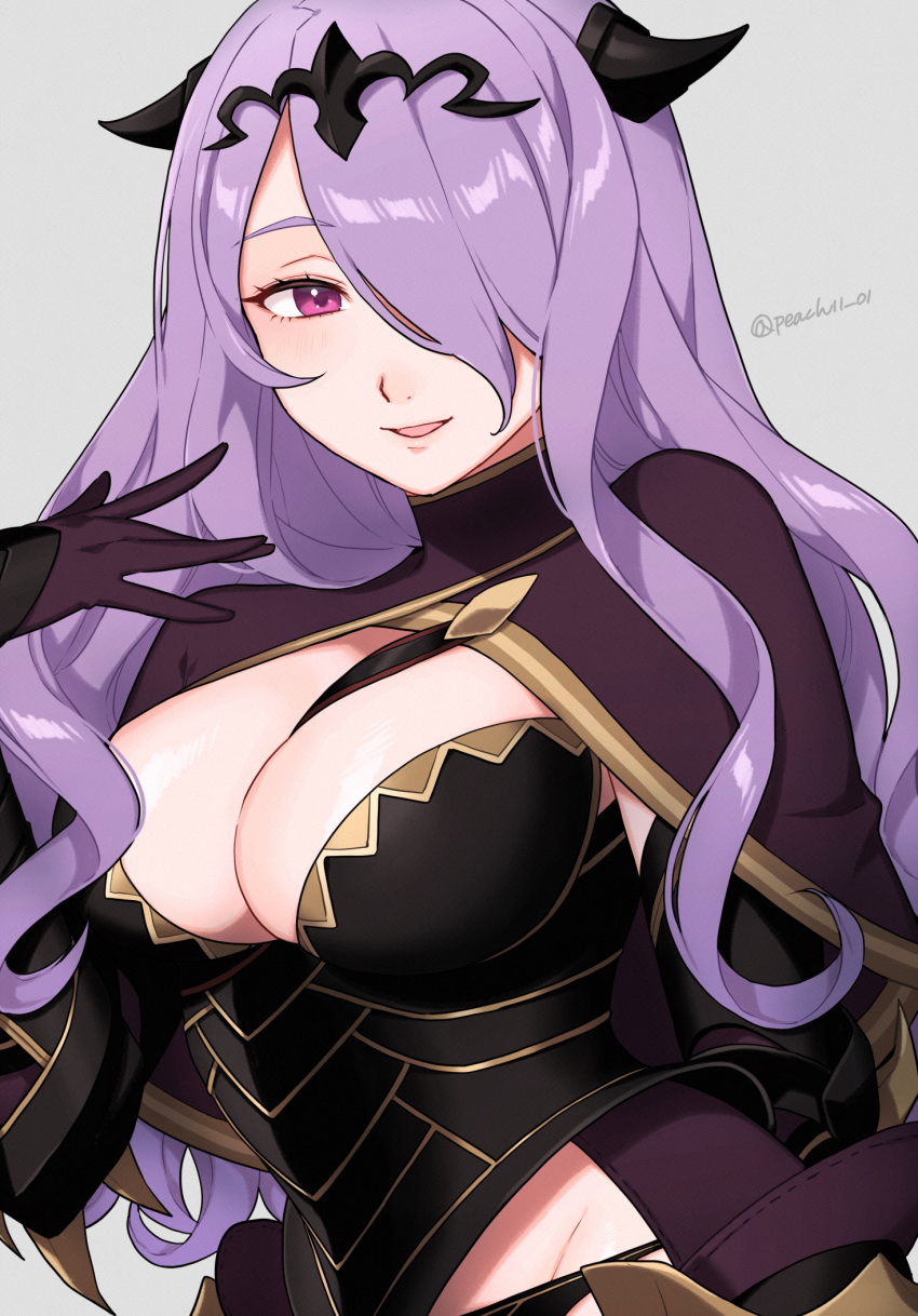 1girls armor black_armor black_panties blush breast_strap breasts camilla_(fire_emblem) capelet cleavage fake_horns female female_only fire_emblem fire_emblem_fates gloves hair_over_one_eye highres horned_headwear horns large_breasts long_hair looking_at_viewer nintendo open_mouth panties peach11_01 pink_eyes purple_hair simple_background smile solo tiara underwear upper_body very_long_hair wavy_hair