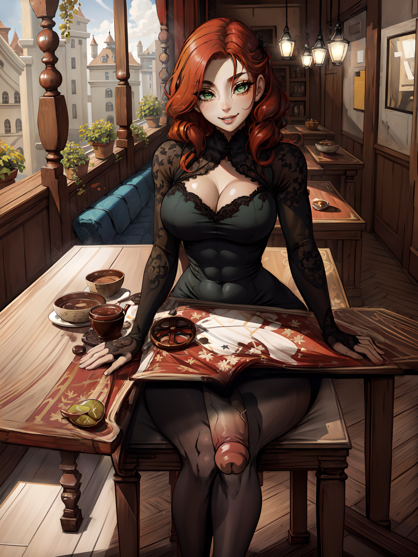 1futa abs_visible_through_clothing ai_generated athletic athletic_futanari cafe cleavage dickgirl dress exposed_penis futa_only futanari green_eyes huge_cock penis_under_table red_hair sitting smile solo solo_futa stable_diffusion under_the_table veritai