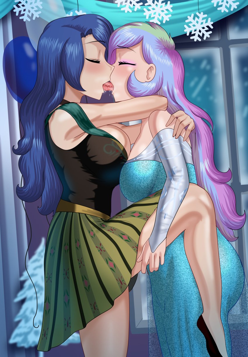 anna_(cosplay) anna_(frozen) ass big_ass big_breasts breasts closed_eyes cogbrony costume costume_party costumes disney dress elsa_(cosplay) elsa_(frozen) equestria_girls eyeshadow french_kiss french_kissing friendship_is_magic frozen_(film) hand_under_leg incest kissing leg_up lesbian_kiss my_little_pony party princess_celestia_(mlp) princess_luna_(mlp) sisters sloppy sloppy_kiss tight_clothing tongue tongue_kiss winter yuri