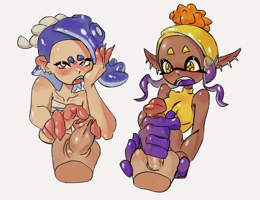 astonished blush blushing foreskin frye_(splatoon) handjob highres looking_at_viewer majodawn octoling penis shiver_(splatoon) splatoon splatoon_(series) splatoon_3 uncut