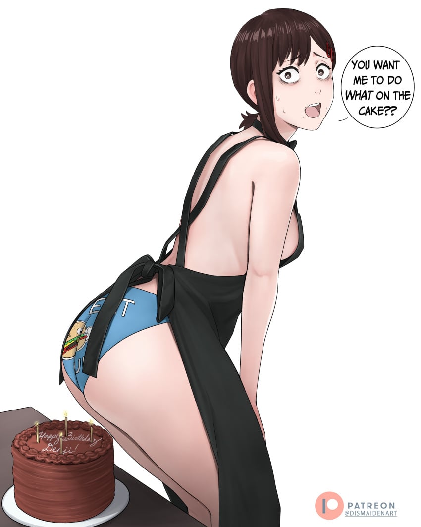 1girls apron apron_only ass ass_focus big_ass cake cake_sitting chainsaw_man dismaiden facesitting female female_only food food_play higashiyama_kobeni mappa meme sideboob sitting sitting_on_cake thick_thighs