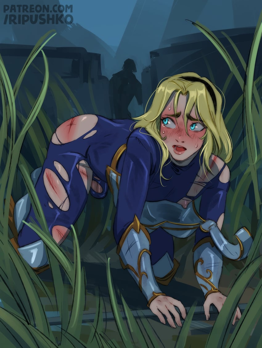 blue_eyes bodysuit broken_armor bruises femboy genderswap_(ftm) hurt league_of_legends luxanna_crownguard pained_expression ripped_clothing ripushko rule_63 tagme yellow_hair