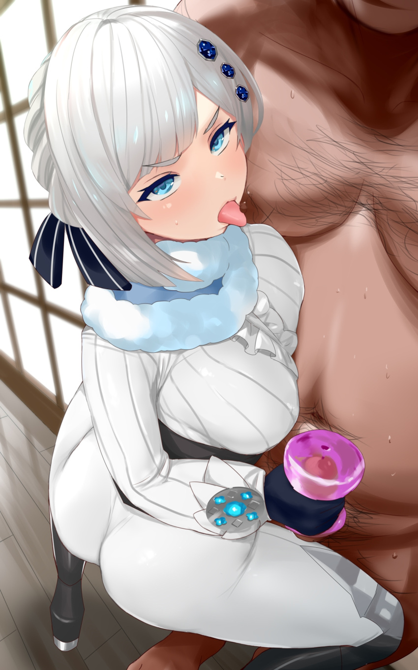 1boy 1girls akershus_fortress_(oshiro_project) artificial_vagina ass black_gloves bodysuit braid breasts clothed_female_nude_male female fluff fur_trim gloves grey_hair hair_ornament handjob highres kusaka_souji large_breasts licking licking_nipple oshiro_project oshiro_project_re pants sex_toy squatting straight thighs tight_clothes tight_pants ugly_man white_bodysuit