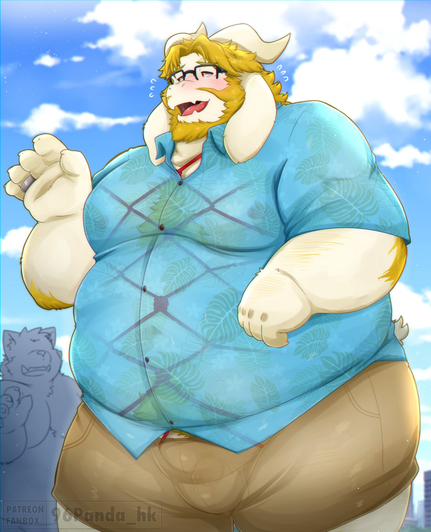 2023 96panda anthro asgore_dreemurr balls barely_visible_balls barely_visible_genitalia barely_visible_penis belly big_belly blush bondage bottomwear bound bovid bovine clothing cloud duo eyewear genitals glasses hi_res humanoid_hands kemono male male_only mammal mature_male outside overweight overweight_male penis restraints rope rope_bondage rope_harness shirt shorts small_penis solo solo_male topwear translucent translucent_clothing undertale_(series)