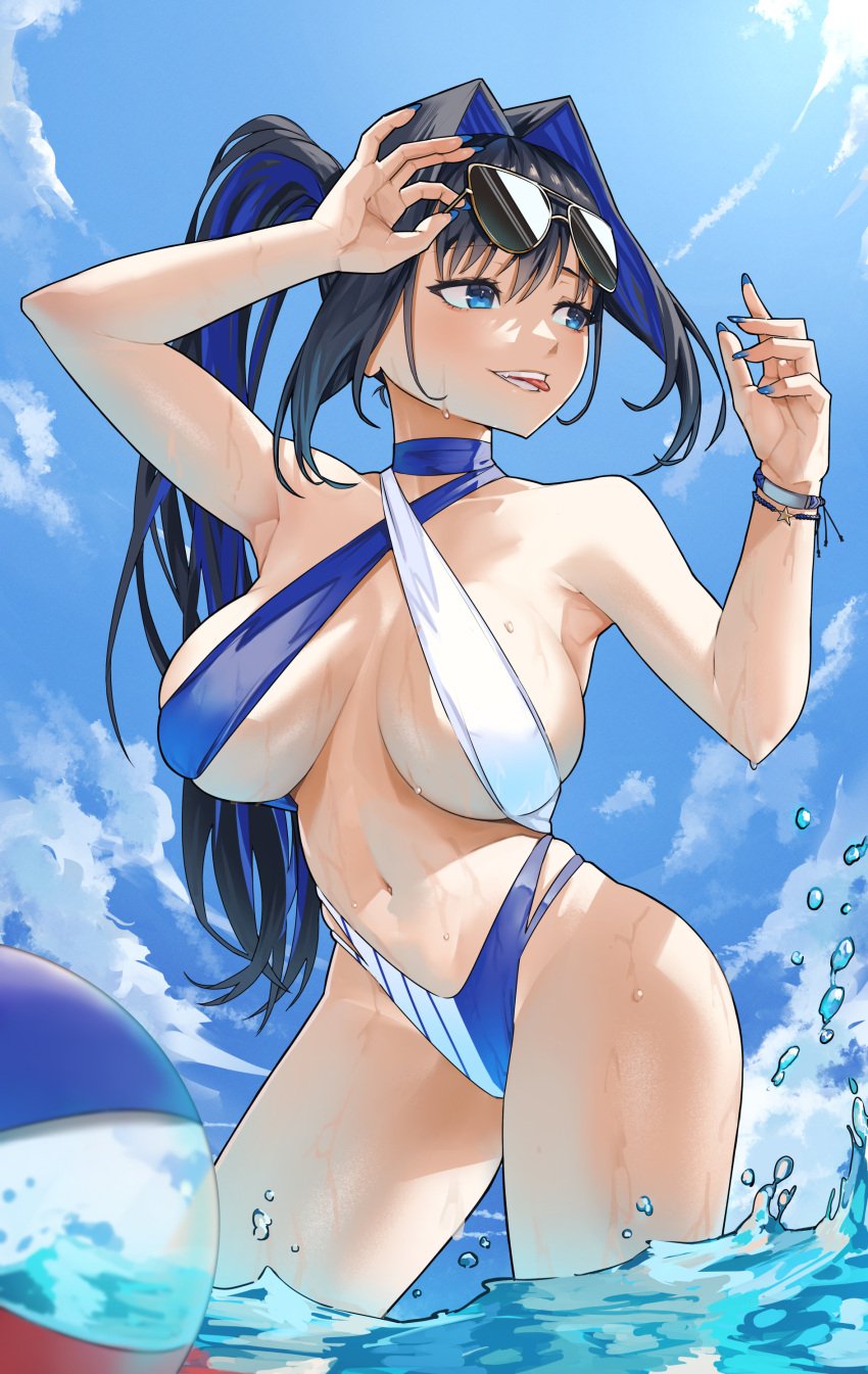 1girls 2023 absurdres archinoer ball beachball bikini black_hair blue_eyes blue_hair blue_nails blue_sky bracelet breasts cloud colored_inner_hair day eyewear_on_head female female_only hair_intakes highres hololive hololive_english hololive_english_-council- hololive_english_-promise- jewelry large_breasts long_hair multicolored_hair navel ouro_kronii ponytail sky solo standing stomach sunglasses swimsuit teeth tongue tongue_out two-tone_hair virtual_youtuber wading water wet