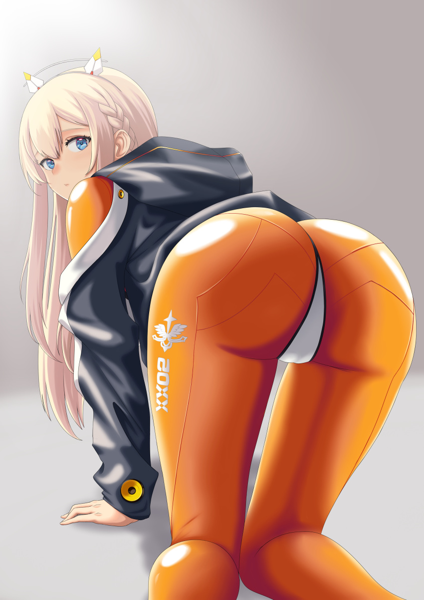 1girls absurd_res all_fours ass ass_focus bikini black_jacket blonde_hair blue_eyes blush bodysuit braid goddess_of_victory:_nikke hair_ornament headwear jacket long_hair looking_at_viewer orange_bodysuit ramiki solo solo_female thong_bikini tove_(nikke) white_bikini