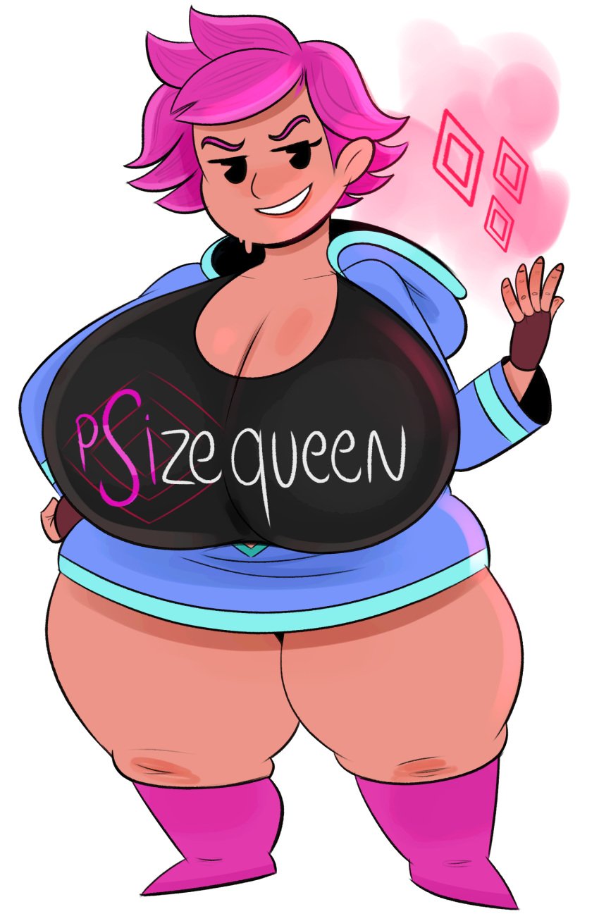 big_breasts black_eyes black_shirt breasts cleavage clothed clothing earthbound_(series) eyebrows eyes hair huge_boobs huge_breasts kumatora mother_(series) mother_3 ota_(artist) pink_eyebrows pink_hair pun shirt short_hair size_queen sweat sweatdrop tan_body tan_skin thick_thighs transparent_background wide_hips