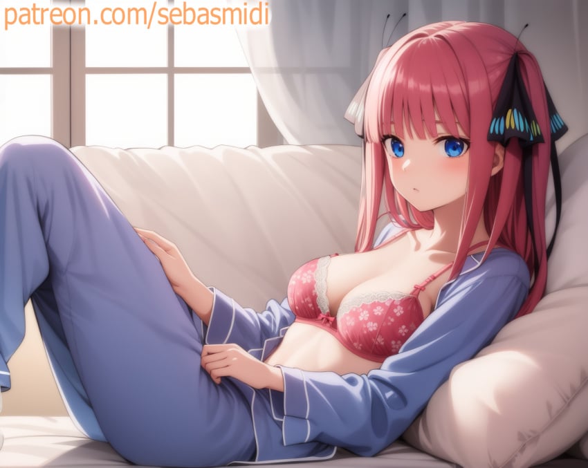 1girls ai_generated blue_eyes bra go-toubun_no_hanayome hair_ornament looking_at_viewer nakano_nino pajamas pink_hair sebasmidi