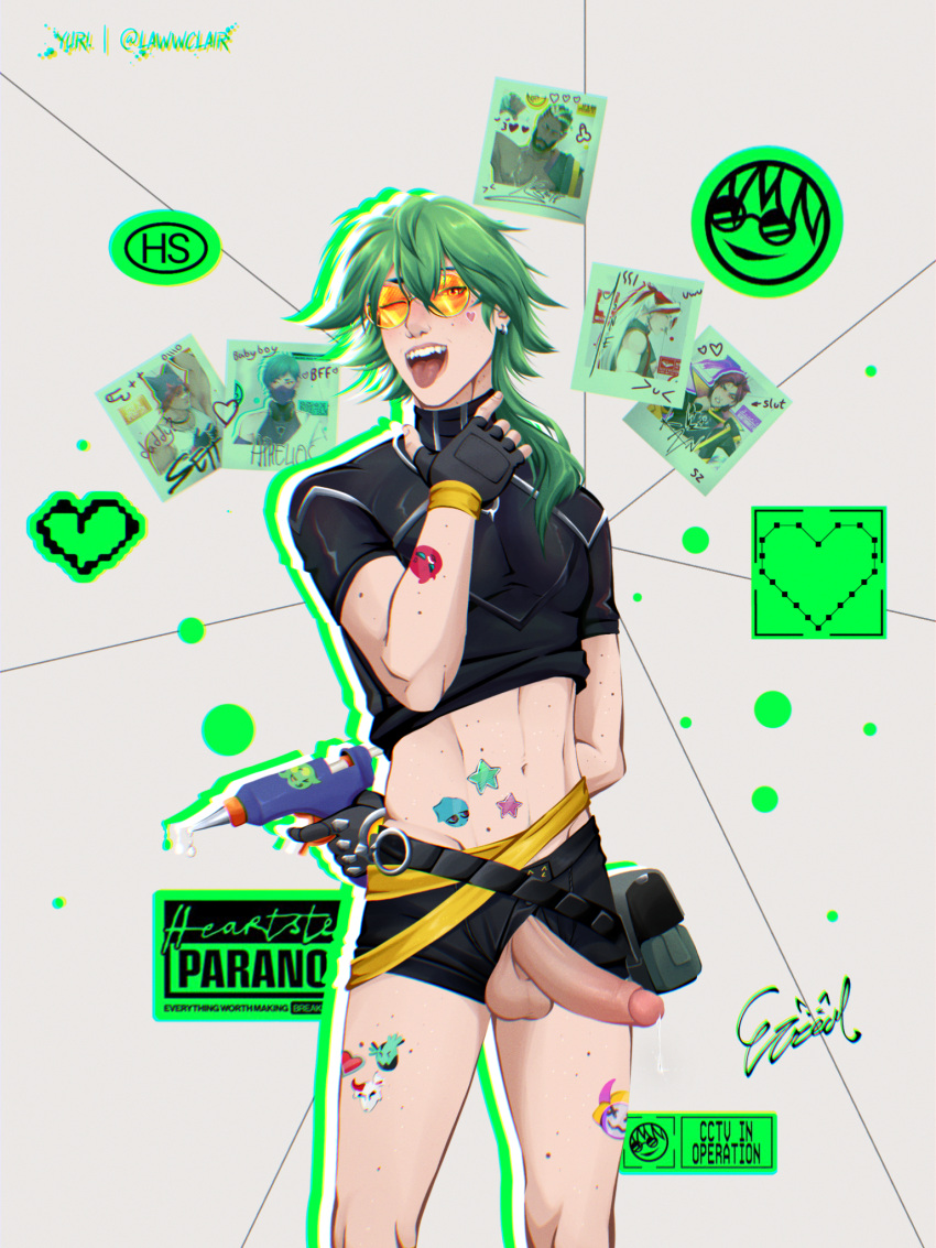 bishonen black_panties black_shirt blinking cum_drip ezreal glasses gloves green_hair heartsteel_ezreal heartsteel_series lawwclair league_of_legends male male_only mole skinny solo solo_male sticker tongue tongue_out underwear