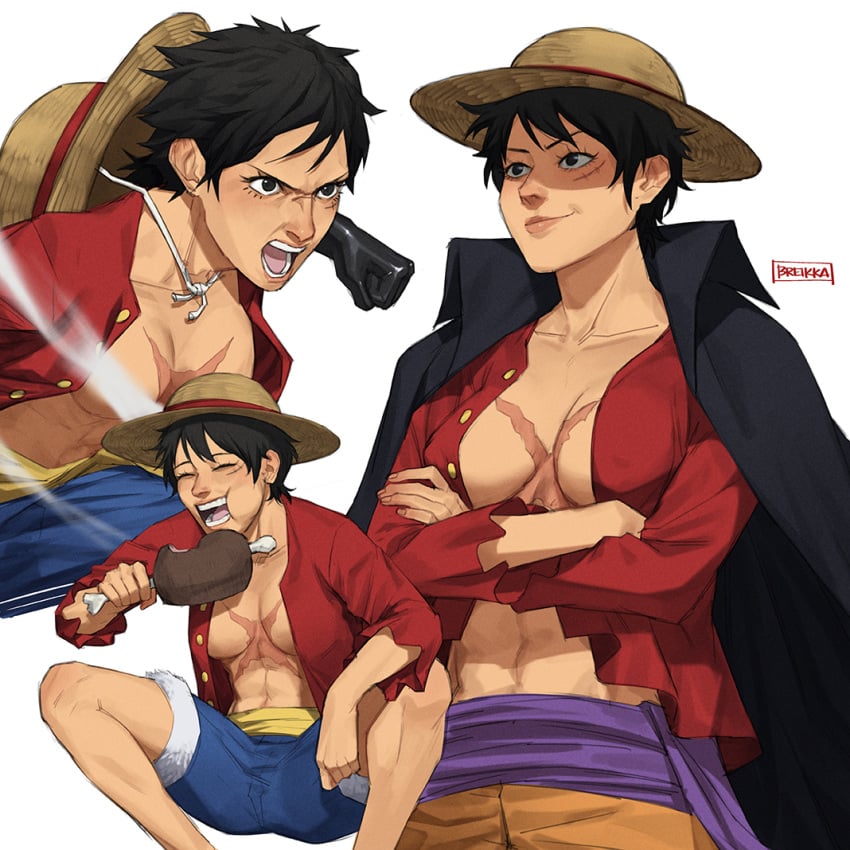 1girls abs black_hair blue_sky breikka cleavage female female_only gender_transformation genderswap_(mtf) hand_on_hip inner_sideboob long_hair long_sleeves luffyko monkey_d_luffy ocean one_piece open_vest pirate post-timeskip red_vest rule_63 scar sideboob smile smiling smiling_at_viewer solo straw_hat thick_thighs thin_waist tomboy very_short_hair vest wide_hips