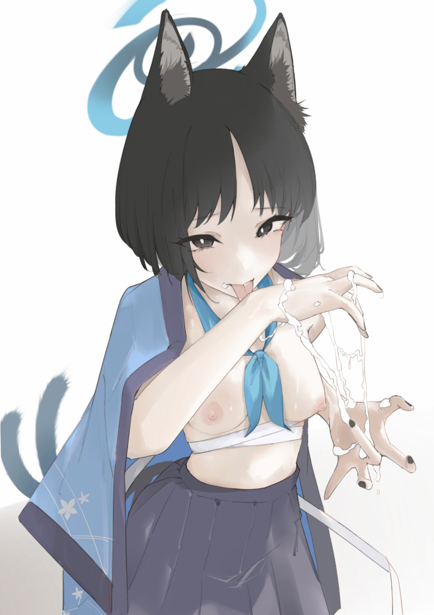 absurdres allied_hyakkiyako_academy_student animal_ear_fluff animal_ears black_eyes black_hair black_nails blue_archive blue_kimono blue_neckerchief blue_skirt breasts bright_pupils cat_ears cat_girl commentary_request cum cum_on_hands diksiuw facial halo highres hyakkaryouran_conflict_resolution_council_(blue_archive) japanese_clothes kikyou_(blue_archive) kimono kimono_on_shoulders licking_self looking_at_viewer medium_breasts nail_polish neckerchief nipples parted_bangs pleated_skirt sarashi short_hair skirt split_tail tongue tongue_out topless upper_body white_pupils