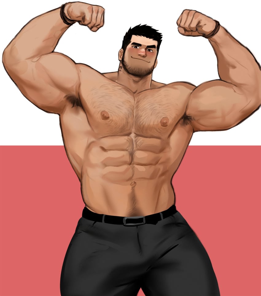 1boy 2023 armpit_hair bara bara_tits barazoku beard_stubble black_hair blush bulge clothing dopq flexing_bicep gay hairy_male looking_at_viewer lucas_lee male male_focus male_nipples male_only manly muscular_male nipples scott_pilgrim solo solo_male yy6242