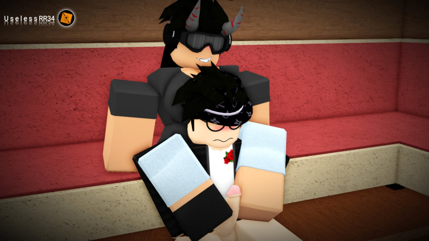 1boy 1girls 3d 3d_(artwork) barefoot black_hair couch dominant_female feet feet_fetish feet_on_penis female foot_fetish foot_on_penis footjob hat male roblox shy smiling sock submissive_male sunglasses timid uselessrr34