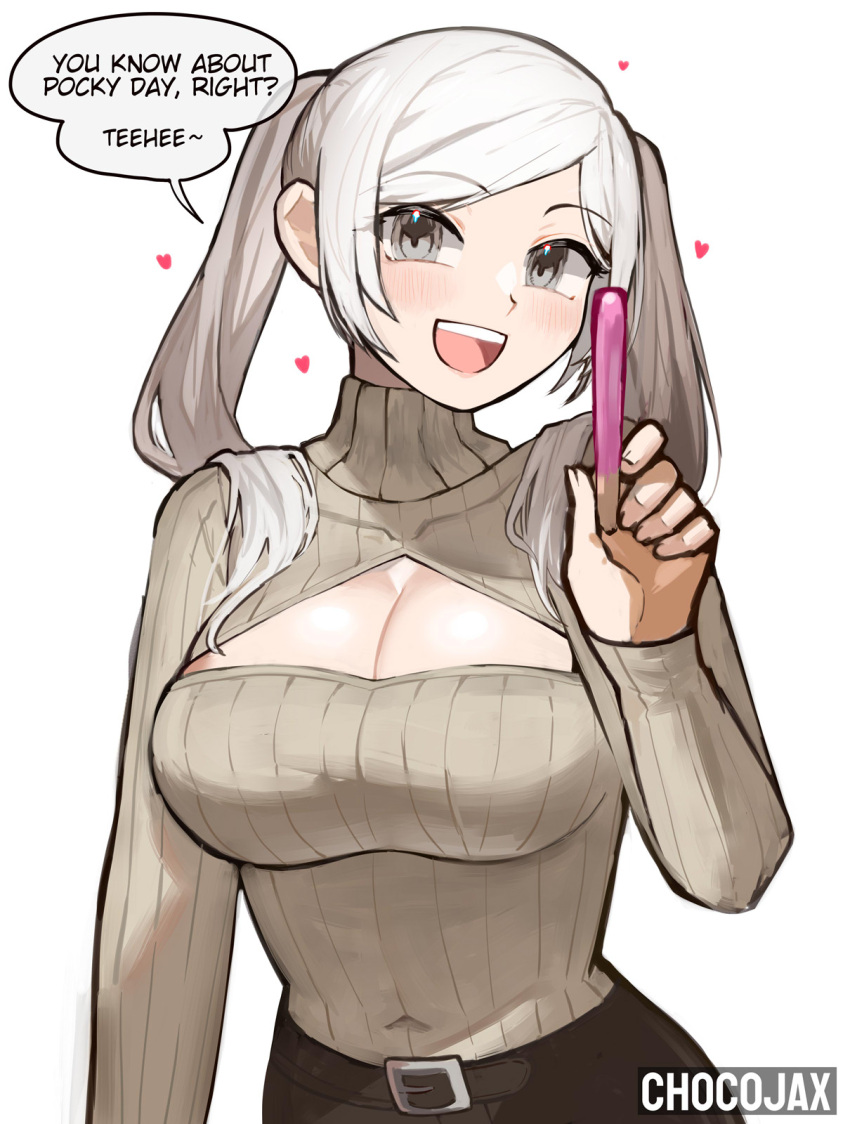 1girls artist_name breasts chocojax cleavage cleavage_cutout clothing_cutout covered_navel english_commentary english_text female female_only fire_emblem fire_emblem_awakening food heart highres holding holding_food holding_pocky keyhole_turtleneck long_hair looking_at_viewer medium_breasts nintendo open_mouth pocky pocky_day robin_(fire_emblem) robin_(fire_emblem)_(female) smile solo speech_bubble teeth text twintails upper_body upper_teeth_only white_background white_hair